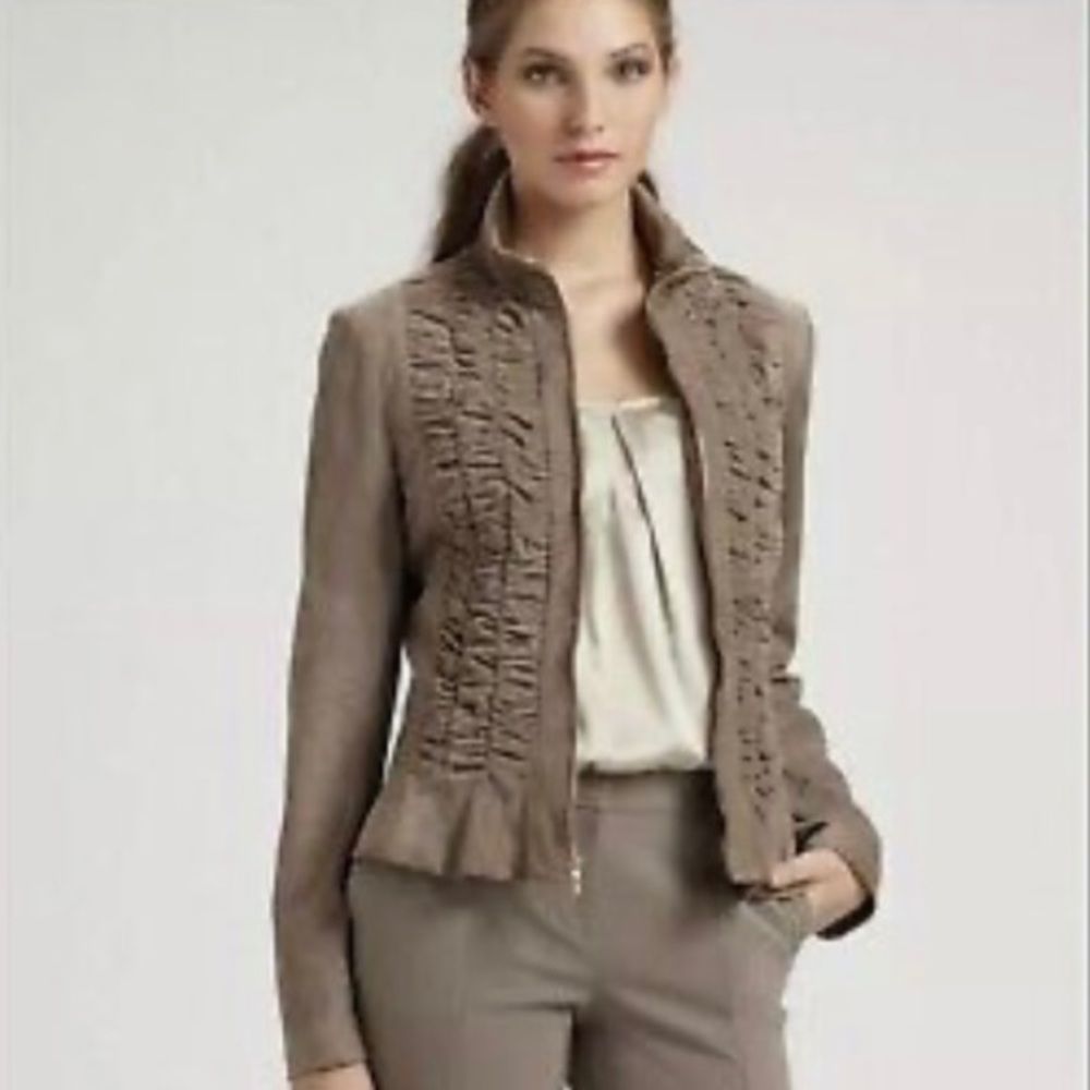 St. John Taupe Ruffled Front Jacket